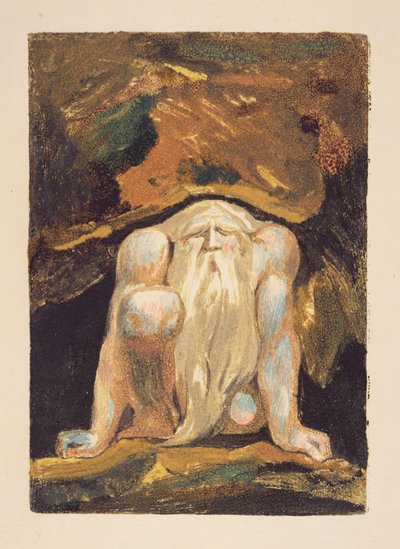 A naked man with a long beard kneeling with one knee raised and both hands on the ground, plate 8 from 